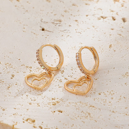 Copper Inlaid Zircon Peach Heart Earrings High Sense