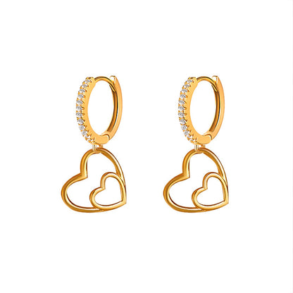 Copper Inlaid Zircon Peach Heart Earrings High Sense