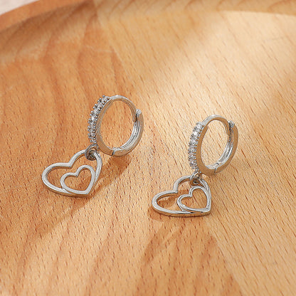 Copper Inlaid Zircon Peach Heart Earrings High Sense